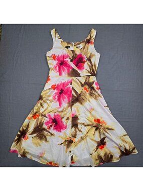 Talbots Womens Size 4 Sleeveless A-Line Floral Print Dress Pink/Yellow Brown Str